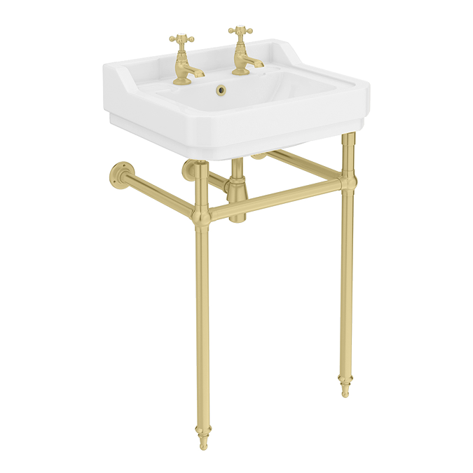 Trafalgar 560mm Basin with Upstand and Traditional Brushed Brass Wash Stand - Image 2